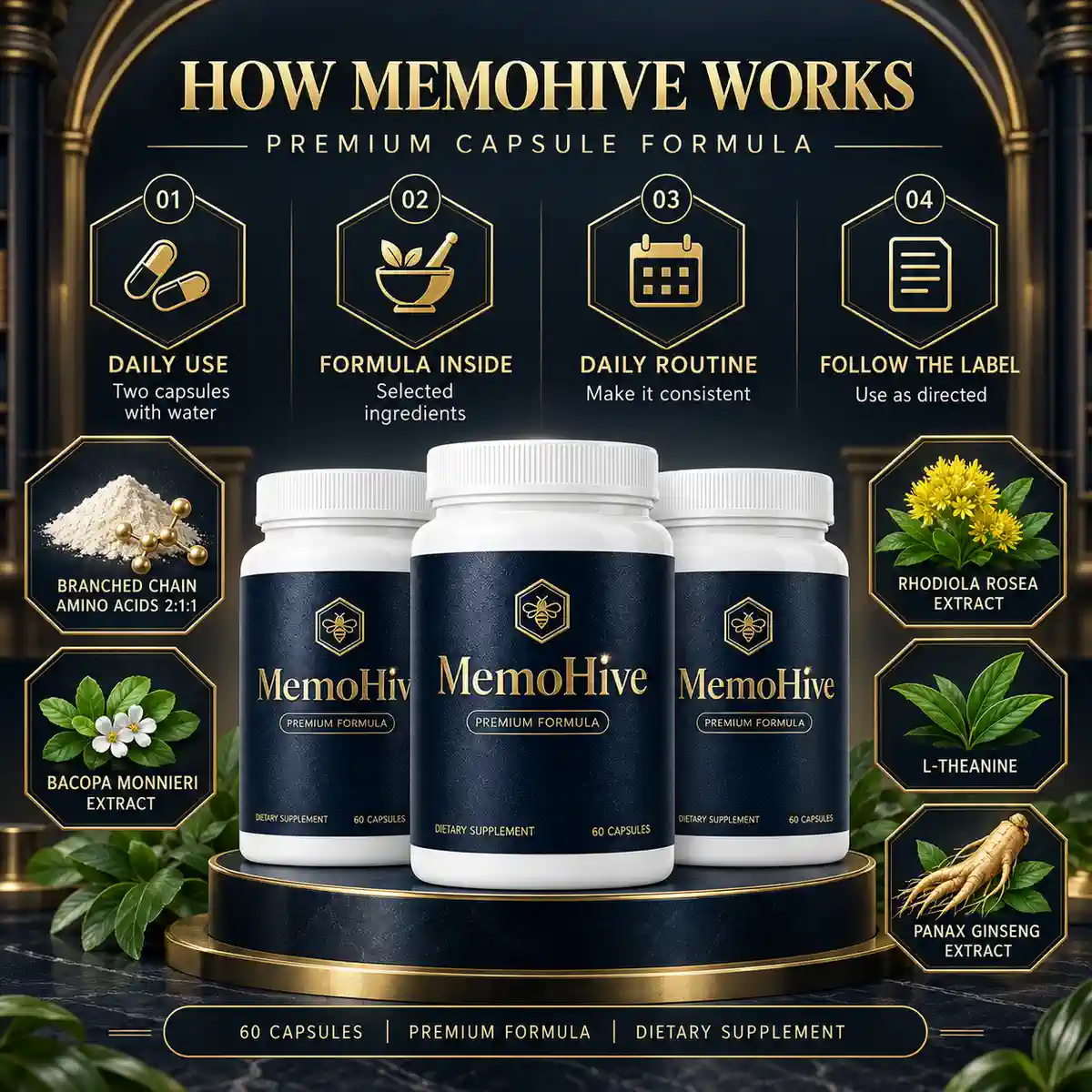 The seller&rsquo;s MemoHive explainer panel: three bottles on a dark plinth under four numbered hexagons reading Daily Use, Formula Inside, Daily Routine and Follow The Label, with the five ingredients pictured around them