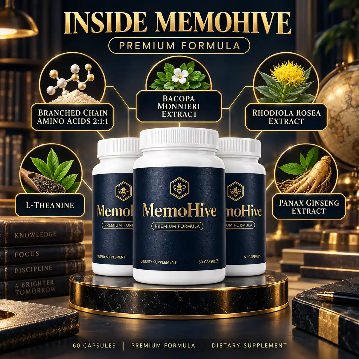 The seller&rsquo;s inside-MemoHive panel: three bottles on a dark plinth ringed by five captioned circles for branched chain amino acids, bacopa monnieri, rhodiola rosea, L-theanine and panax ginseng, beside a stack of books lettered Knowledge, Focus, Discipline