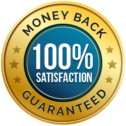 Gold and blue seal reading Money Back Guaranteed, 100% Satisfaction
