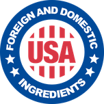 Blue roundel with a red USA monogram reading Foreign And Domestic Ingredients