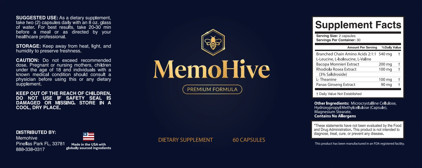 The flattened MemoHive label: suggested use, storage and caution paragraphs on the left, the gold bee hexagon and wordmark in the centre, and the Supplement Facts panel on the right