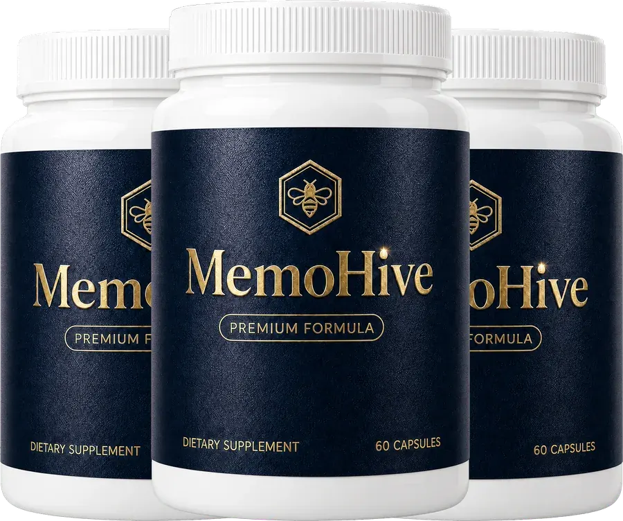 Three MemoHive bottles standing together, white caps and navy labels with a gold bee inside a hexagon
