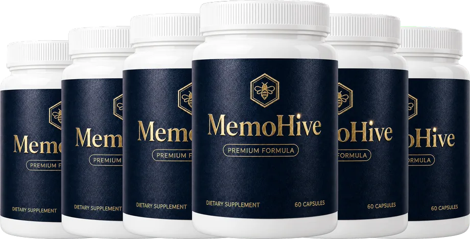 MemoHive 6 bottles pack, navy labels with a gold bee hexagon
